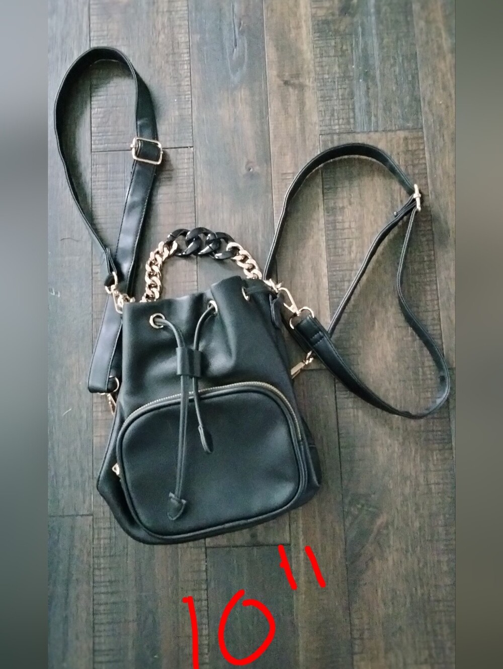 Black Faux-Leather Drawstring Backpack with Gold Chain Accent